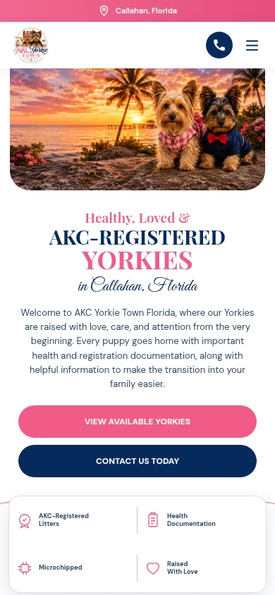 Actual mobile layout of the AKC Yorkie Town Florida homepage