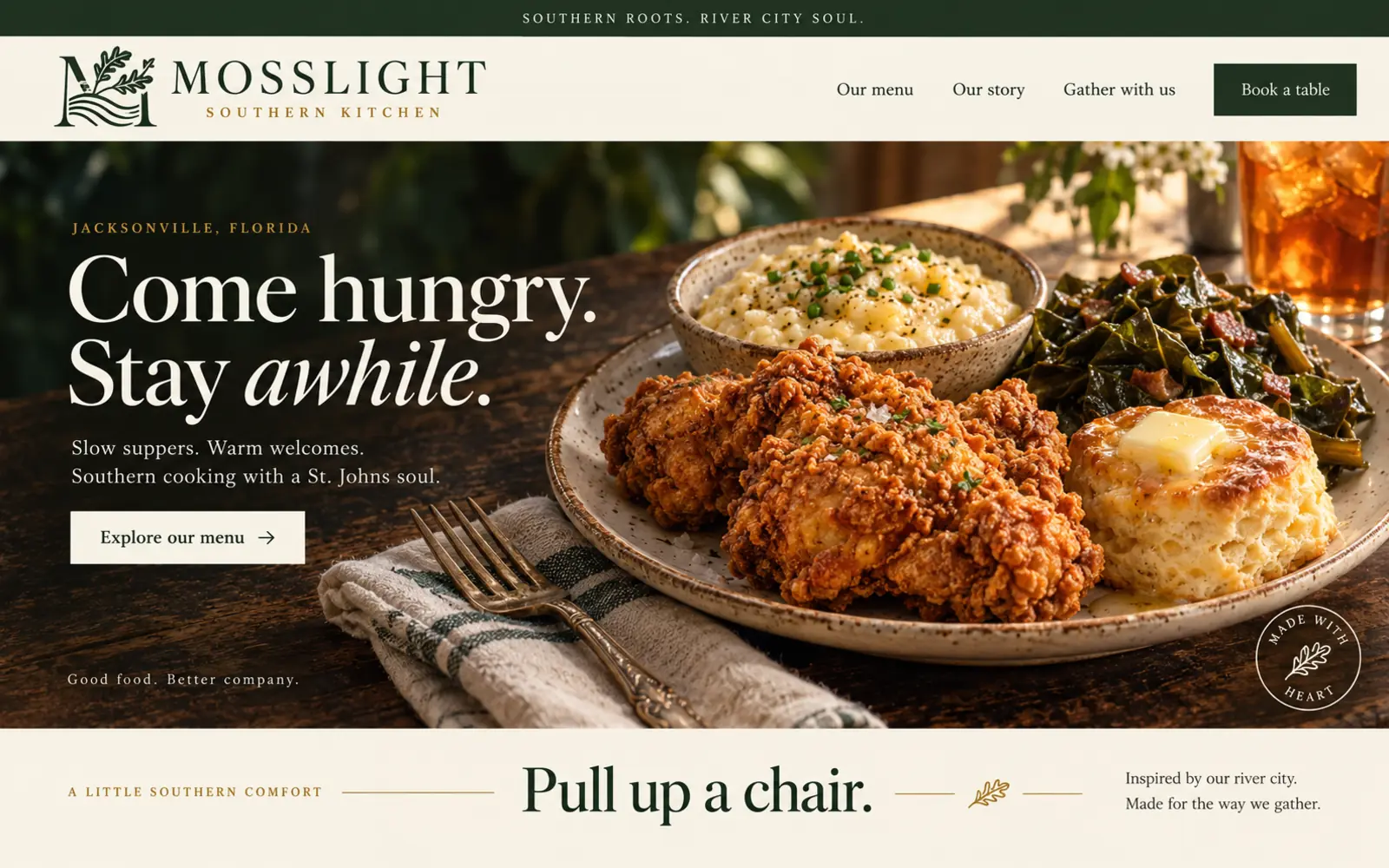 Design concept: Mosslight Southern Kitchen, a Jacksonville restaurant website design concept