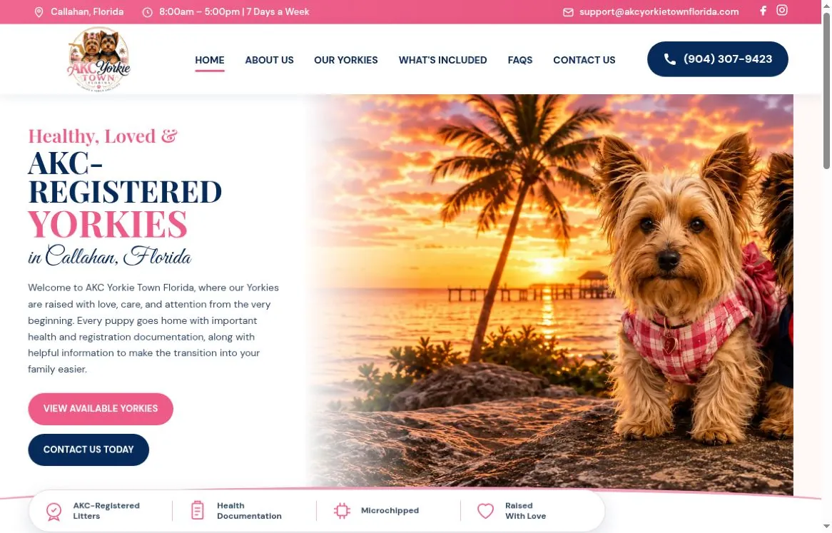 Actual desktop homepage for AKC Yorkie Town Florida