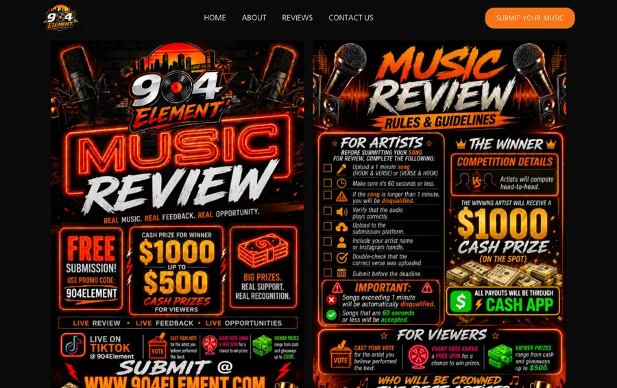 Homepage of 904 Element, a music and media website built by National Website Designs