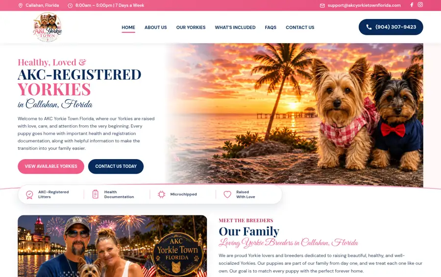 Homepage of AKC Yorkie Town Florida, a pets and retail website built by National Website Designs