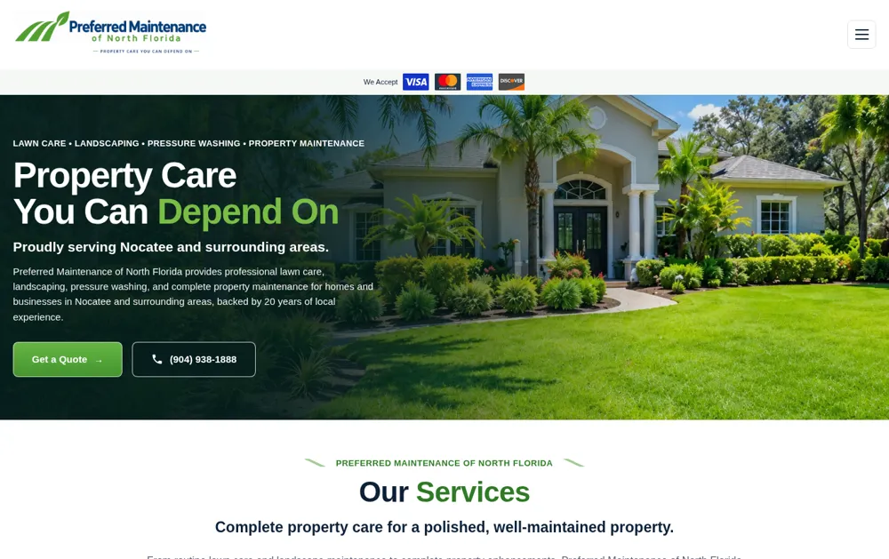 Homepage of Preferred Maintenance of North Florida, a lawn care and home services website built by National Website Designs