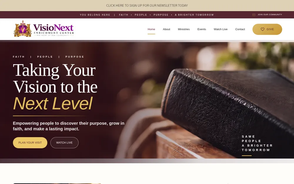 Homepage of VisioNext Enrichment Center, a faith and nonprofit website built by National Website Designs